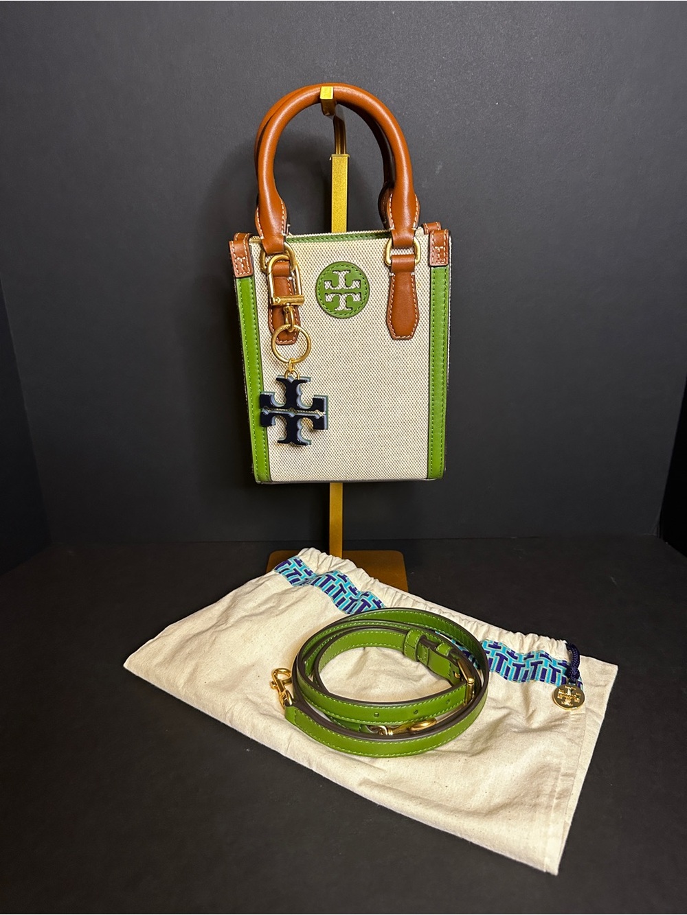 NWOT Tory Burch Blake Canvas Mini Tote with Blue Green Keychain Purse Charm